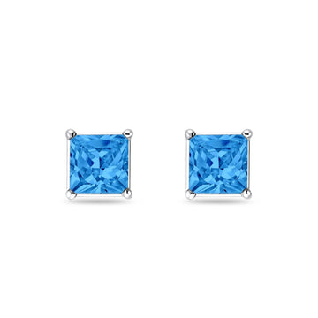 Solitaire Princess Cut Stud Earrings Simulated Blue Topaz CZ 925 Sterling Silver